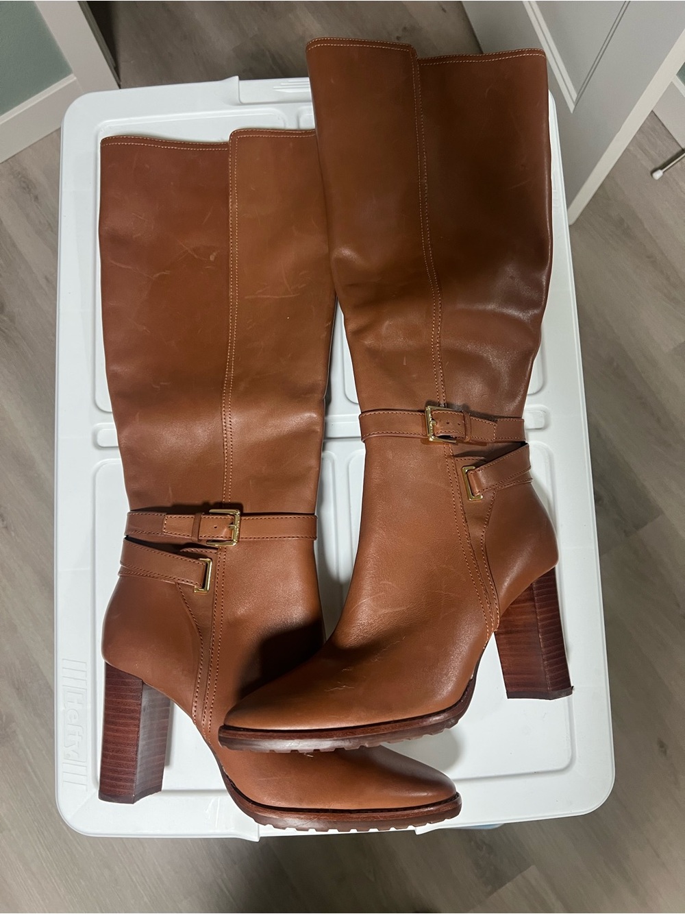 Lauren Ralph Lauren Cognac Brown Leather Knee Boots with Buckle